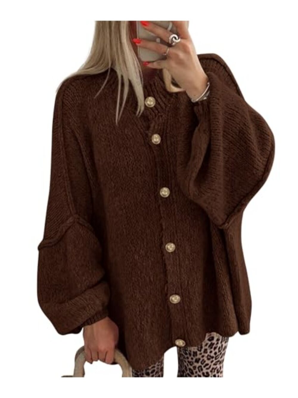 Women's Oversized Lantern Sleeve Button Cardigan Sweater